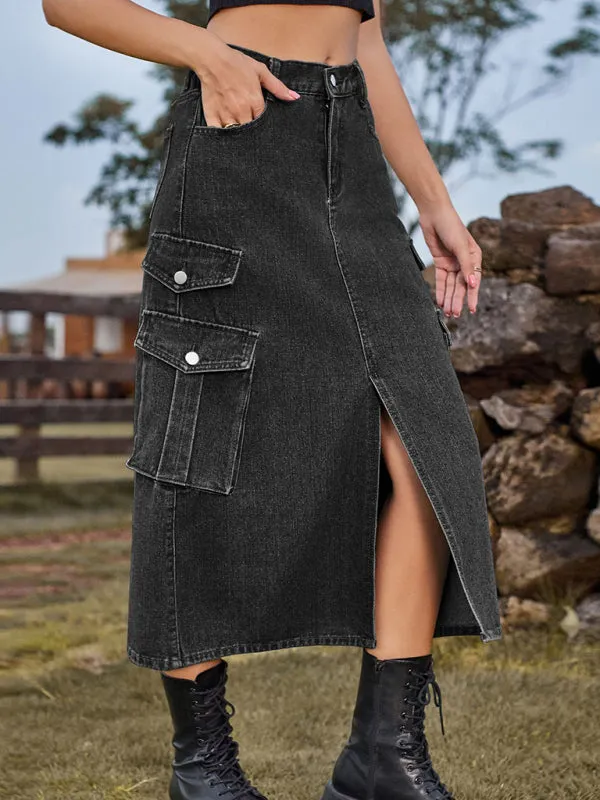 Denim Streetwear Cargo Casual Midi Skirt