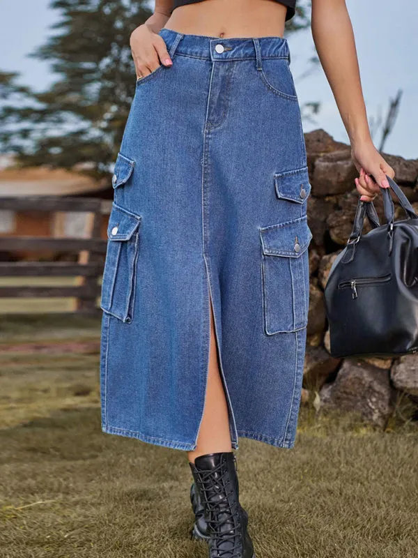 Denim Streetwear Cargo Casual Midi Skirt