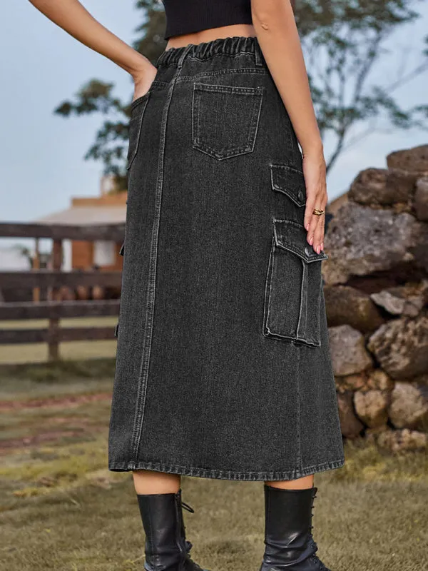 Denim Streetwear Cargo Casual Midi Skirt