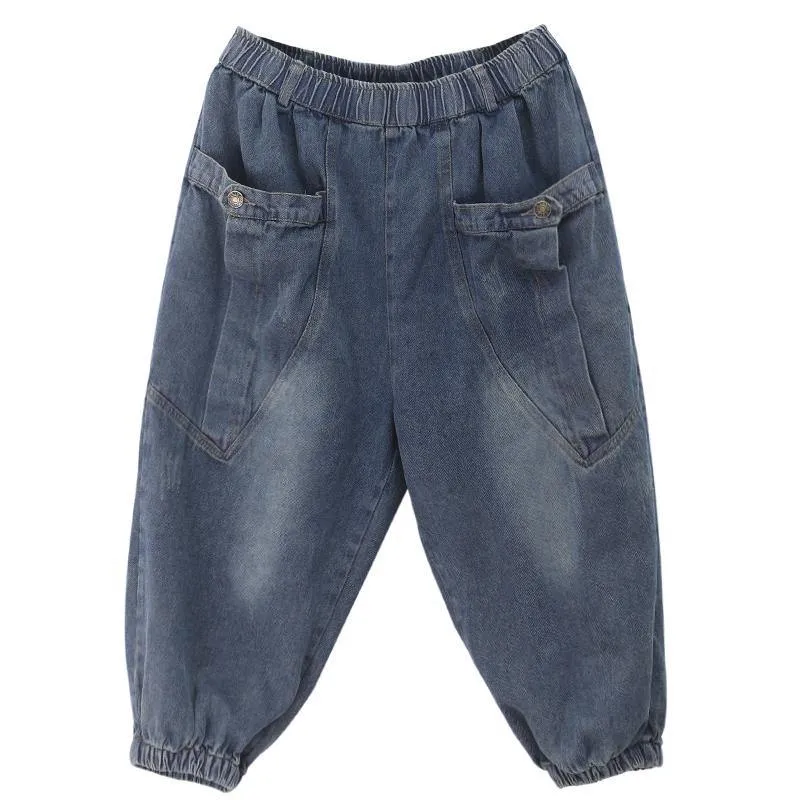 Elegant dark denim blue trousers  summer pockets Cotton shorts