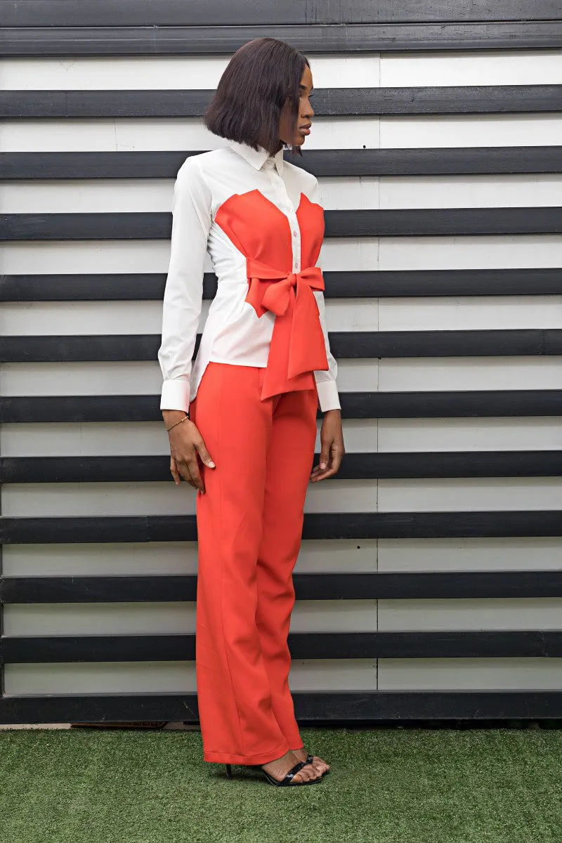 Emilia White Work Shirt with Orange Cut-On Bust and Belt Detail