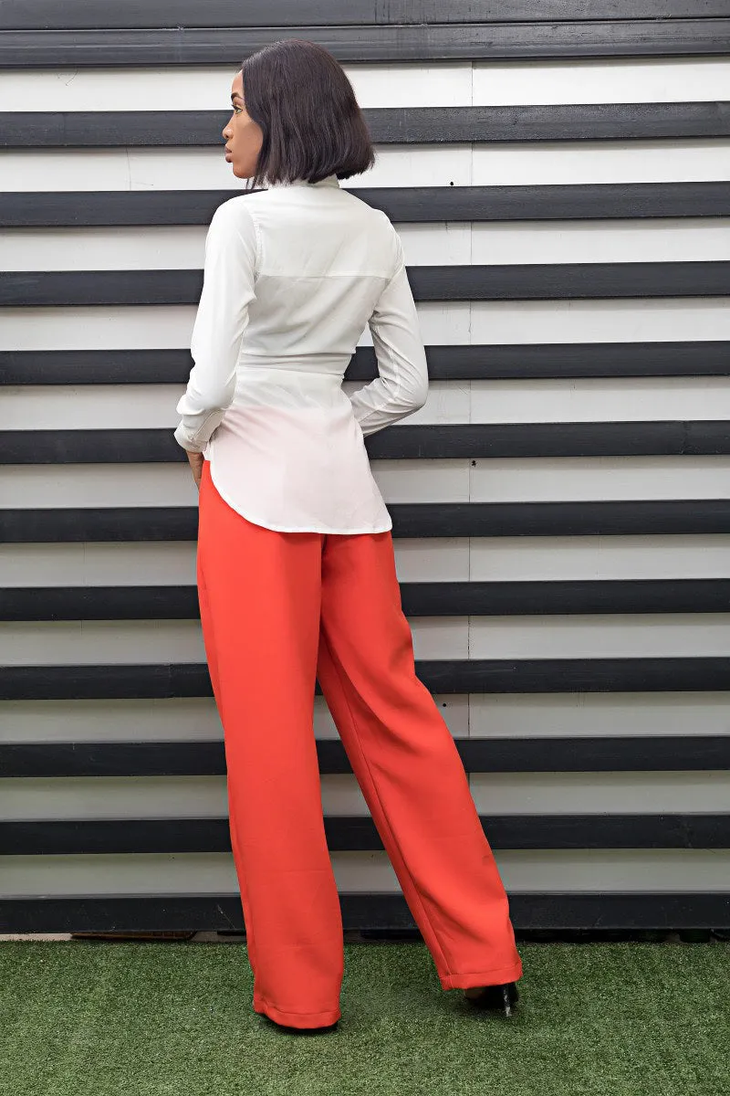 Emilia White Work Shirt with Orange Cut-On Bust and Belt Detail