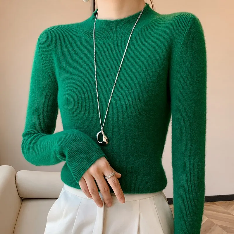 Fashionkova  2022 Autumn/Winter Slim And Versatile Woolen Knit Women's Commuter Half Turtleneck Pullover Cashmere Top In Solid Color