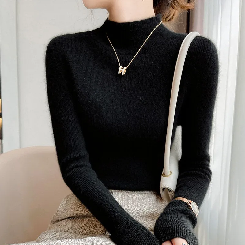 Fashionkova  2022 Autumn/Winter Slim And Versatile Woolen Knit Women's Commuter Half Turtleneck Pullover Cashmere Top In Solid Color