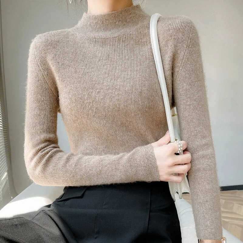 Fashionkova  2022 Autumn/Winter Slim And Versatile Woolen Knit Women's Commuter Half Turtleneck Pullover Cashmere Top In Solid Color