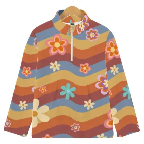 Flower Power Retro Hoodie All Over Print Women's Flannel Pullover Turtleneck Hoodie