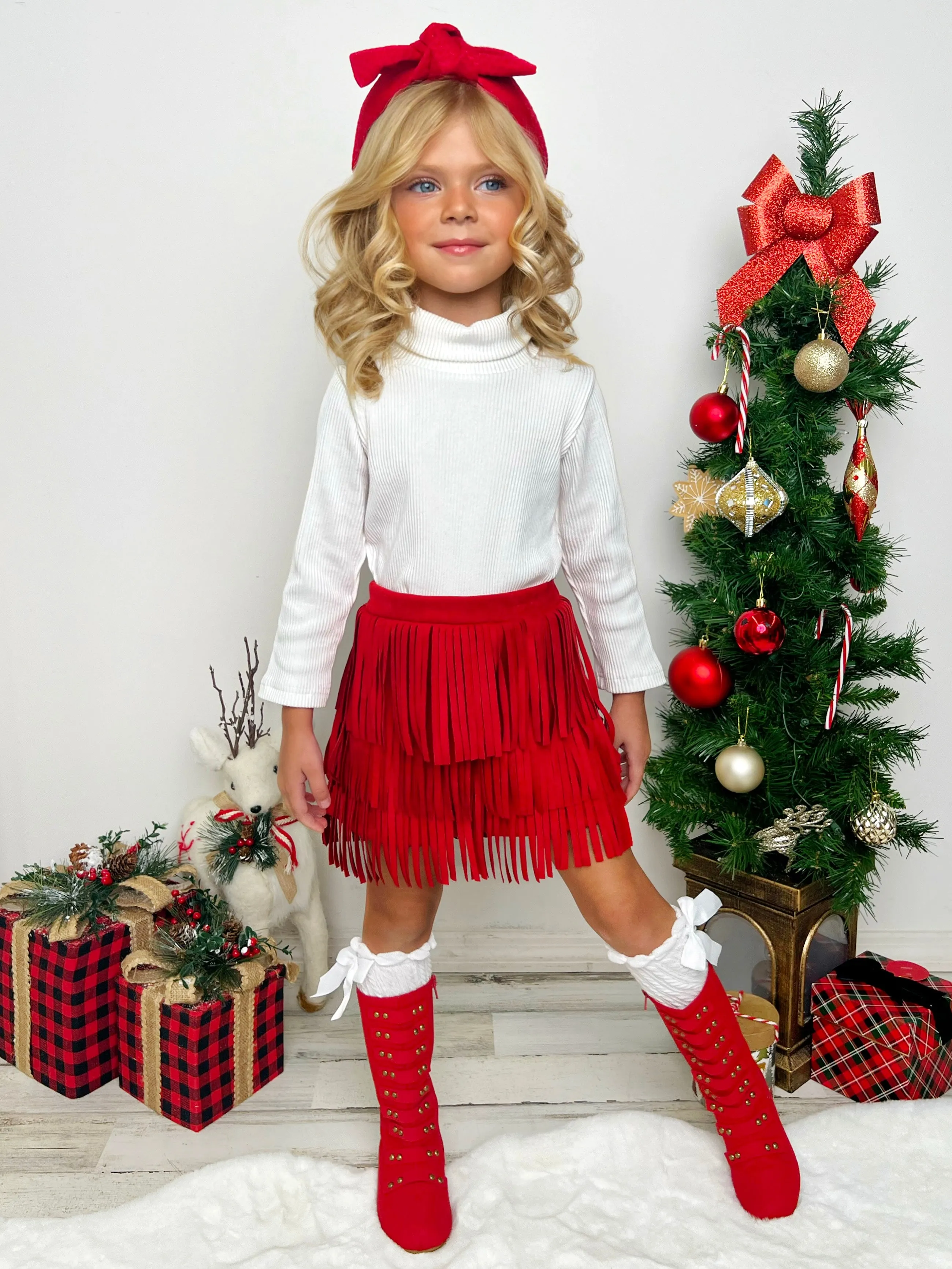 Fringe and Fabulous Rib Knit Turtleneck and Red Fringe Skirt Set