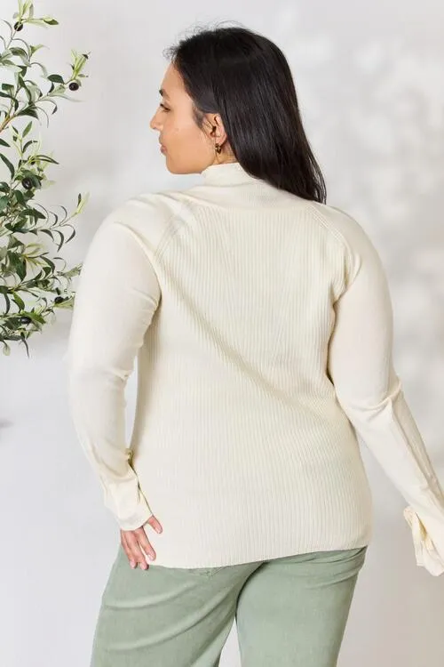 Full Size Ribbed Bow Detail Long Sleeve Turtleneck Knit Top