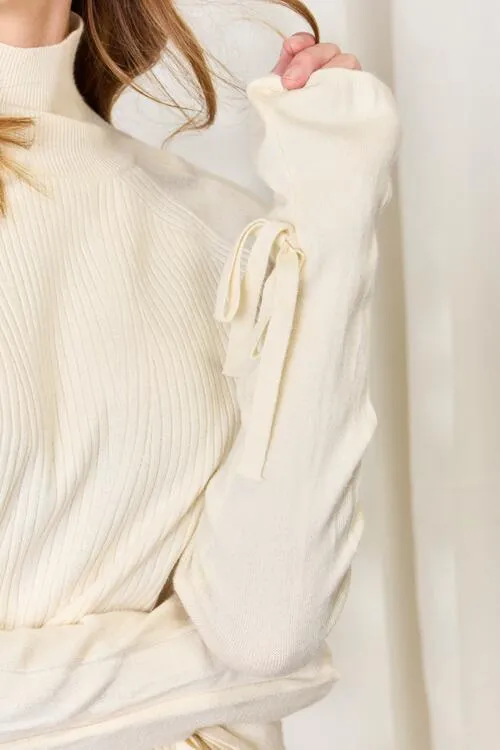 Full Size Ribbed Bow Detail Long Sleeve Turtleneck Knit Top