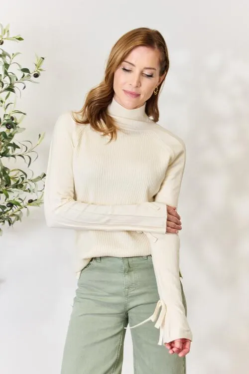 Full Size Ribbed Bow Detail Long Sleeve Turtleneck Knit Top