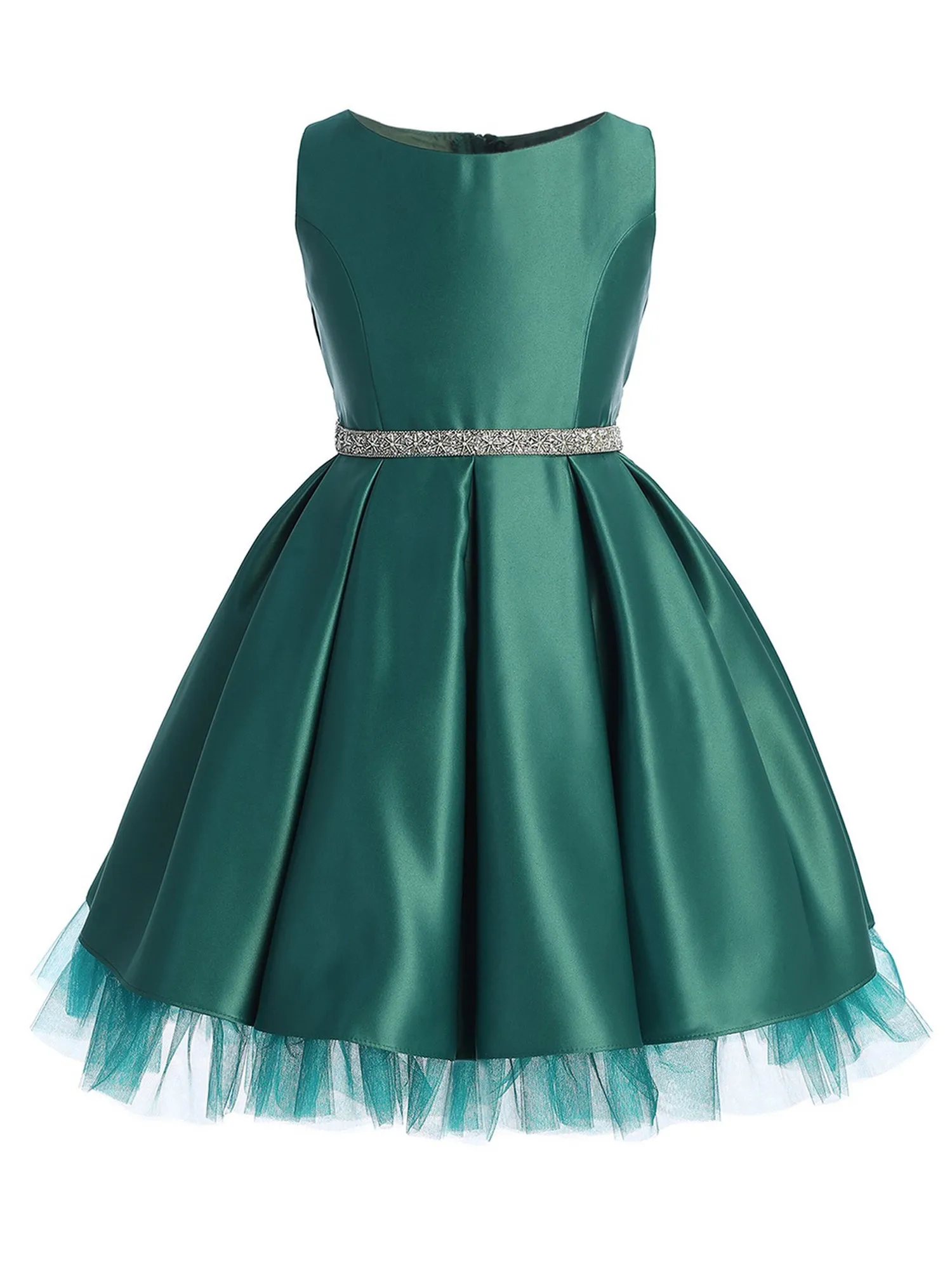 Girls Satin Dress with Pleated Skirt, Crystal Tulle Hem and Rhinestone Waist Trim, Sizes 2-16