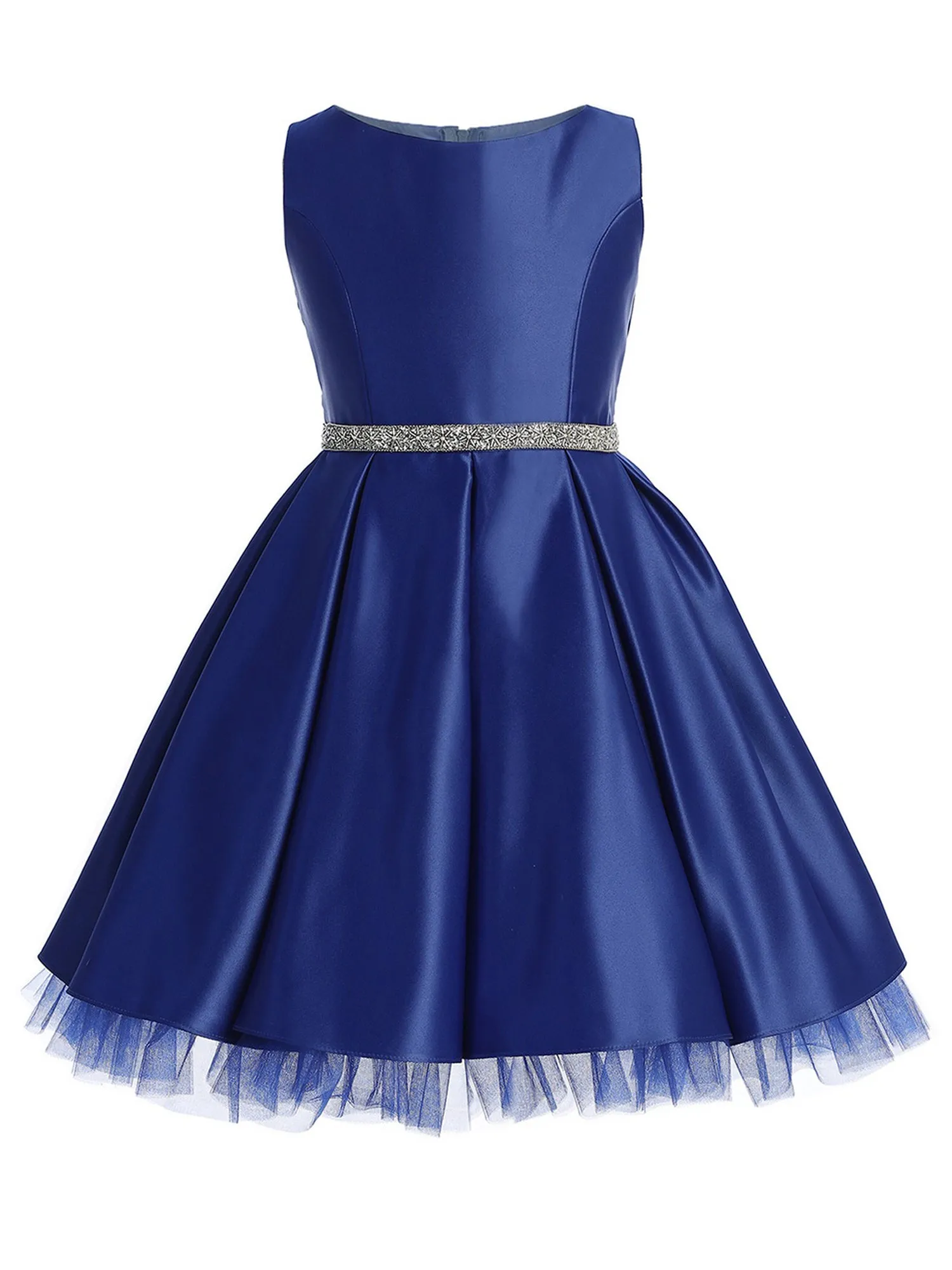 Girls Satin Dress with Pleated Skirt, Crystal Tulle Hem and Rhinestone Waist Trim, Sizes 2-16