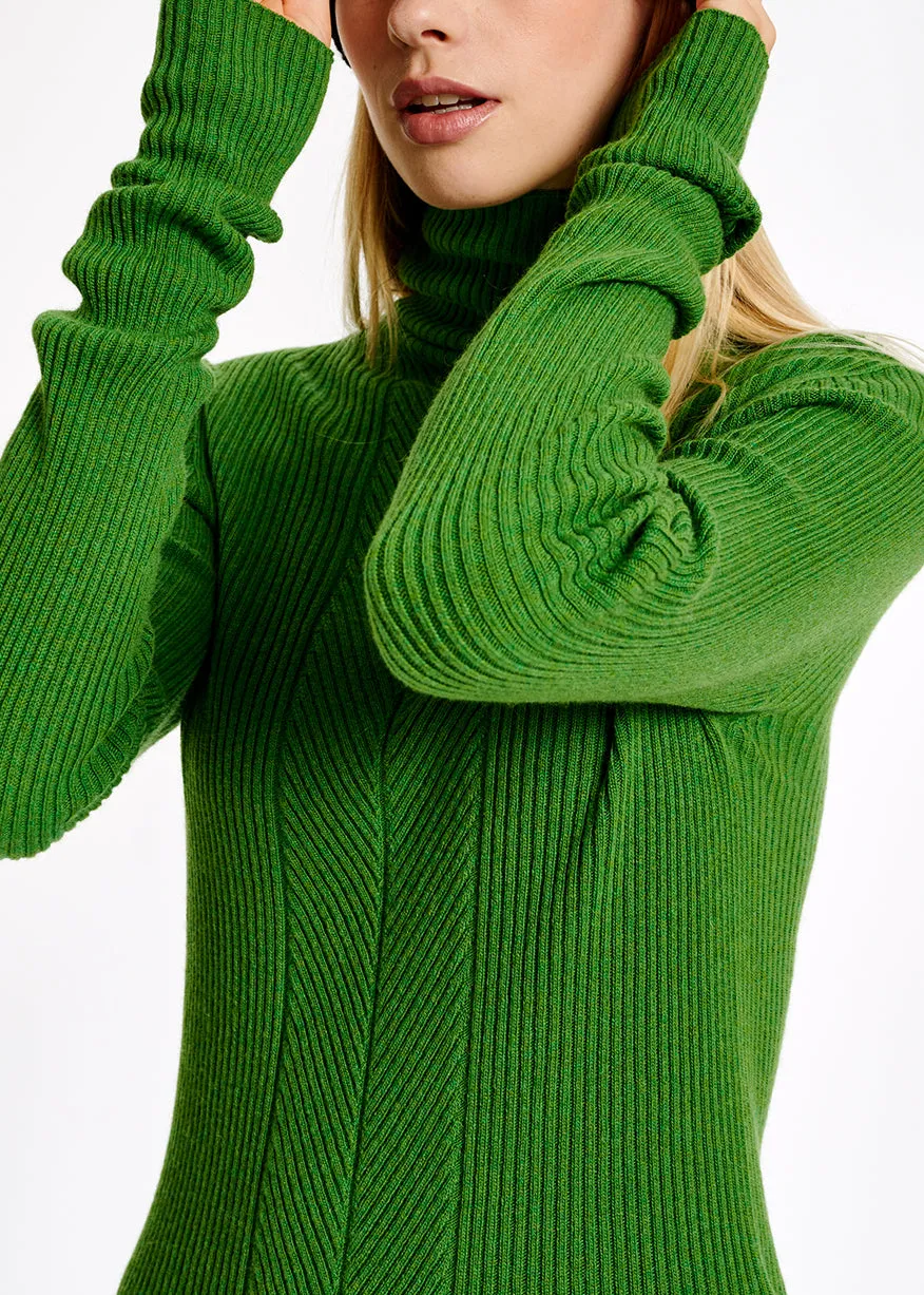 Green merino wool ribbed turtleneck sweater