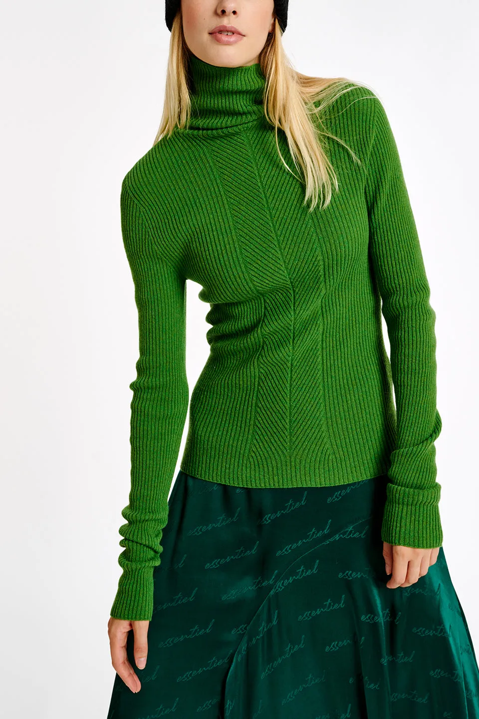 Green merino wool ribbed turtleneck sweater