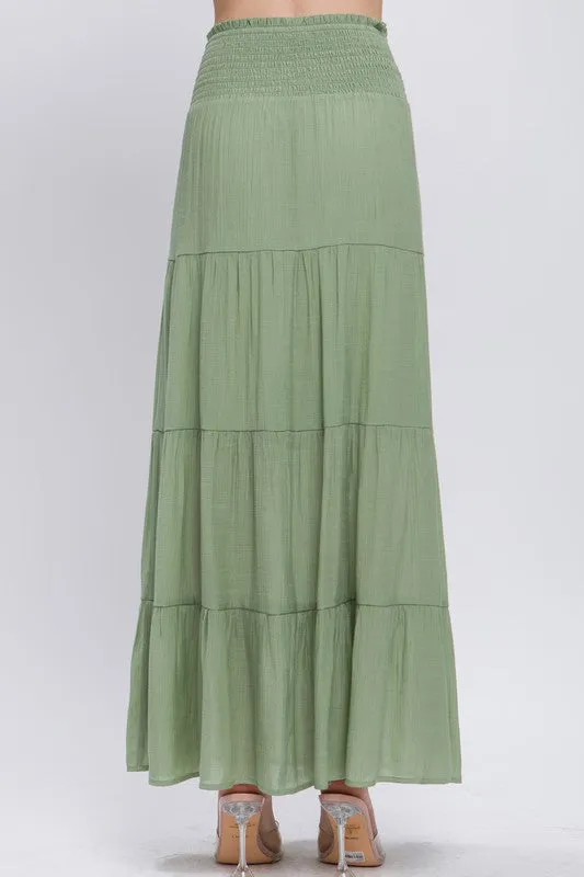 Green Smocked Maxi Skirt