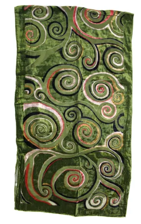 Green Swirl Patterned Devore Velvet Scarf (170 x 50cm)