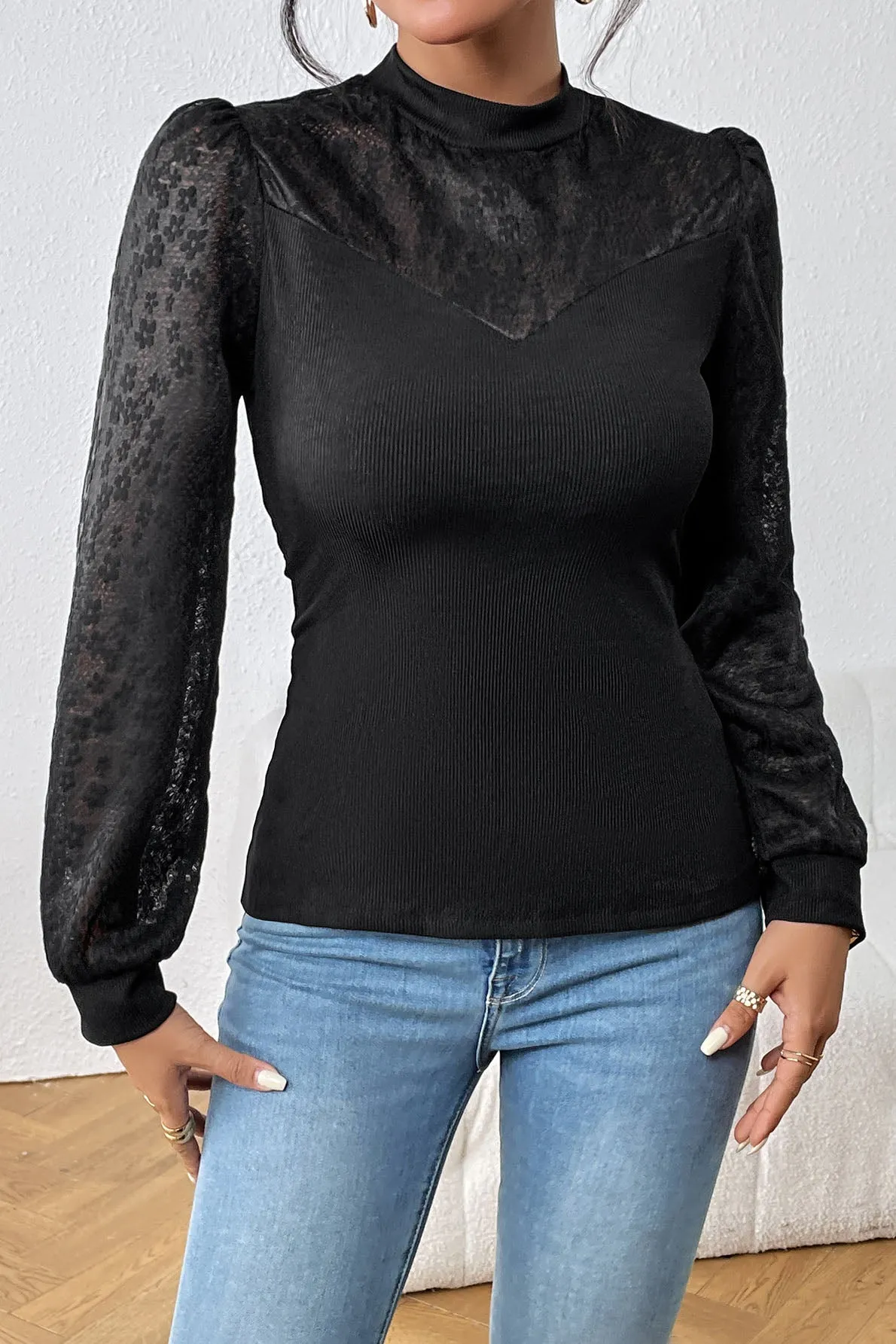 Half turtleneck lace paneled long-sleeved black top