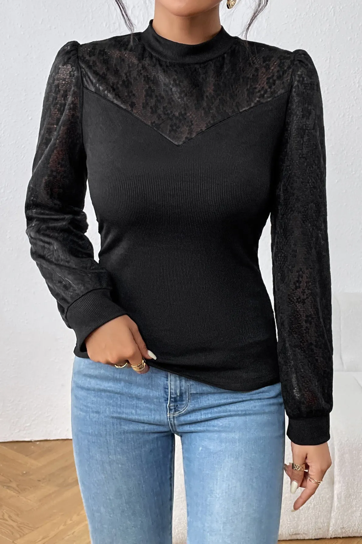 Half turtleneck lace paneled long-sleeved black top