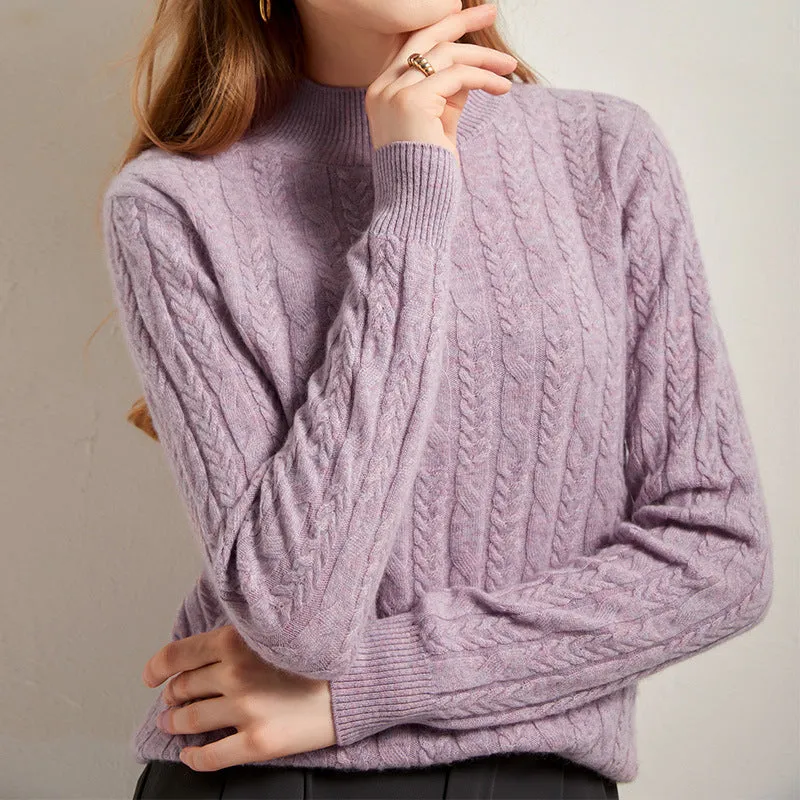 Half turtleneck Long-sleeved Versatile Cable Knit Casual Cashmere Sweater