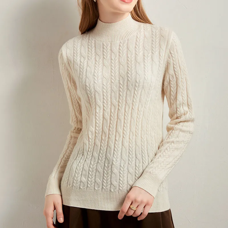 Half turtleneck Long-sleeved Versatile Cable Knit Casual Cashmere Sweater