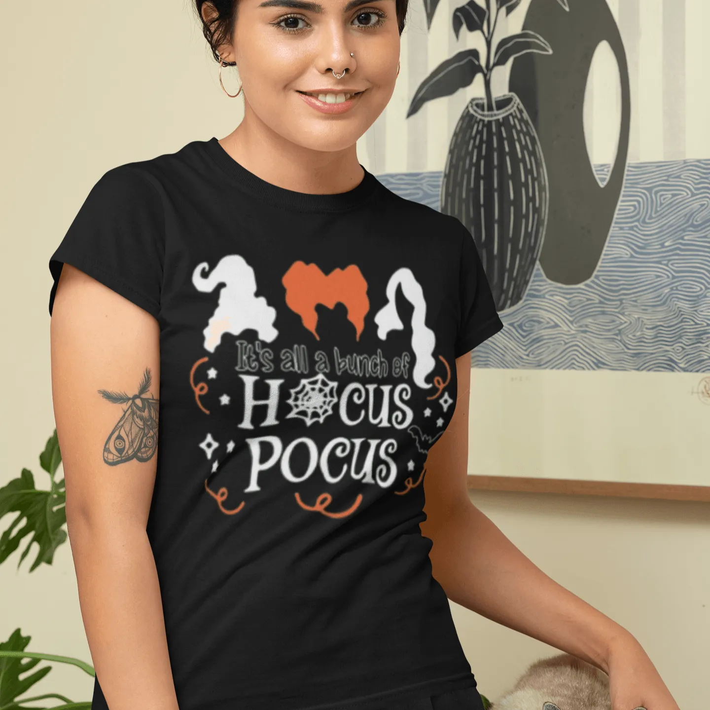 Halloween Tshirt It's All A Bunch Of Hocus Pocus Short Sleeve 100% Cotton Crewneck Top