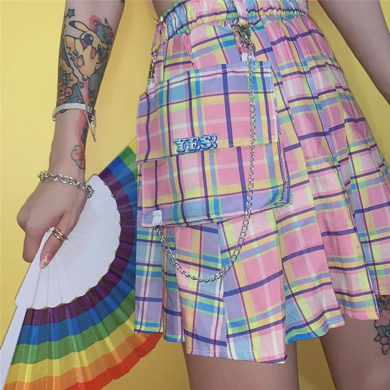 Harajuku Pocket Rainbow Pleated Skirt