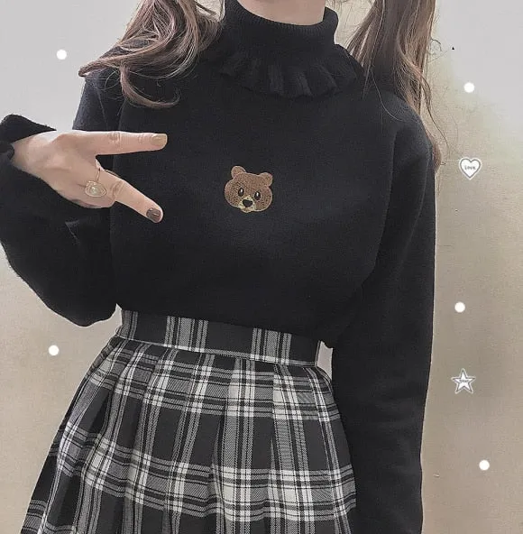 Harajuku Soft Sister Bear Turtleneck Knit Sweater