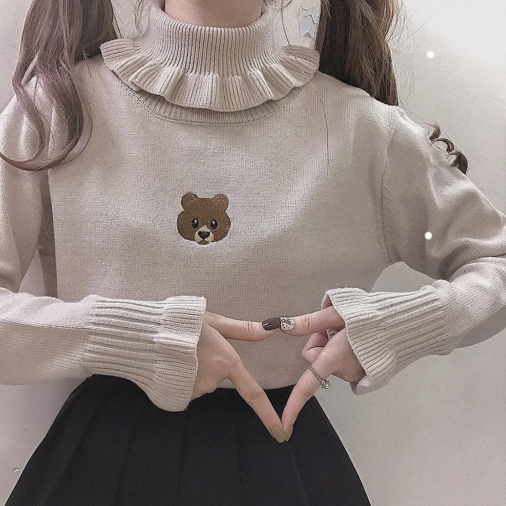 Harajuku Soft Sister Bear Turtleneck Knit Sweater