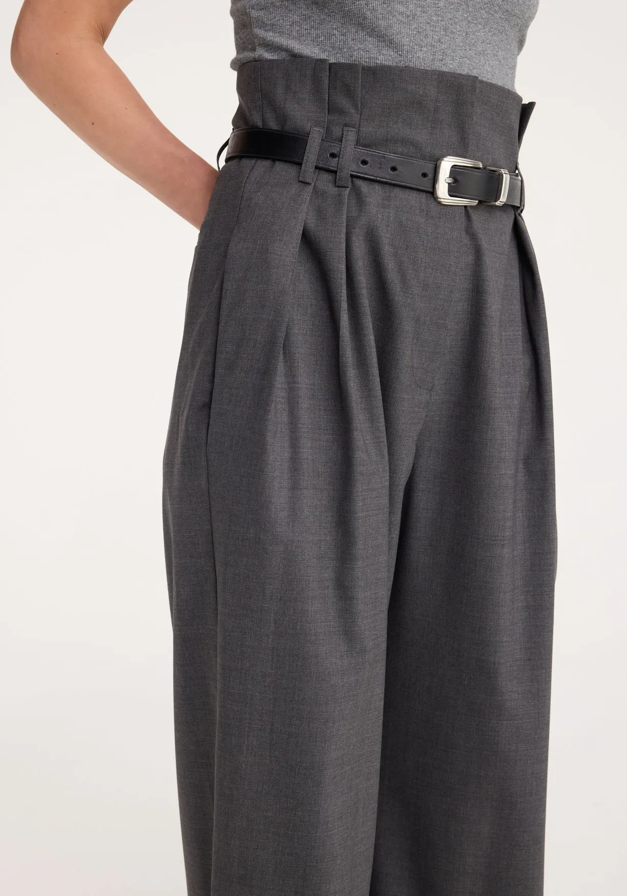 High-waisted Paperbag Trousers in Dark Grey Melange