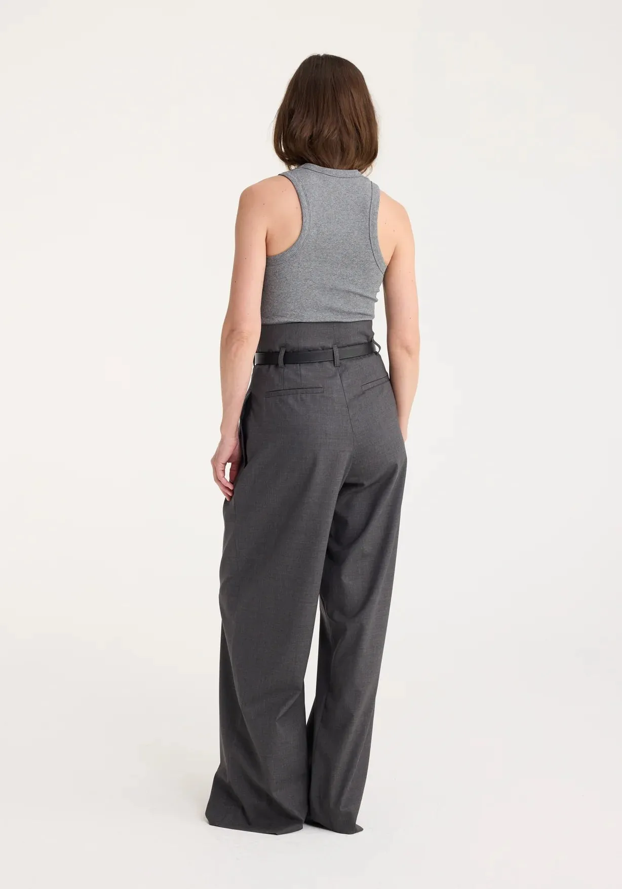 High-waisted Paperbag Trousers in Dark Grey Melange