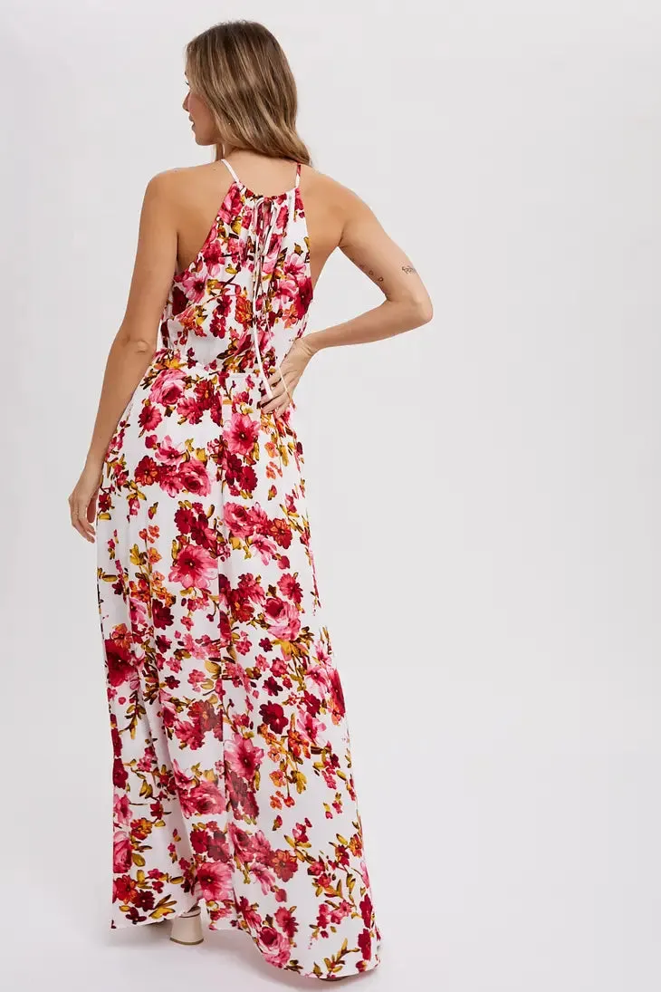 Ivory Floral Print Halter Neck Maxi Dress