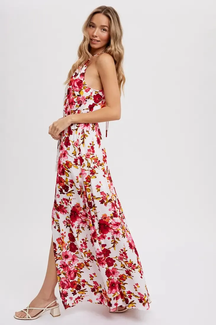 Ivory Floral Print Halter Neck Maxi Dress