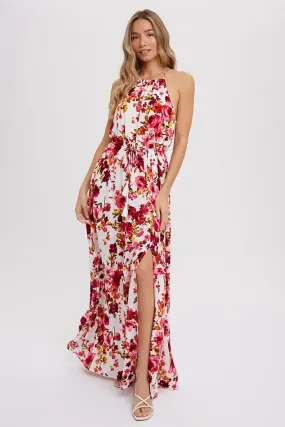 Ivory Floral Print Halter Neck Maxi Dress