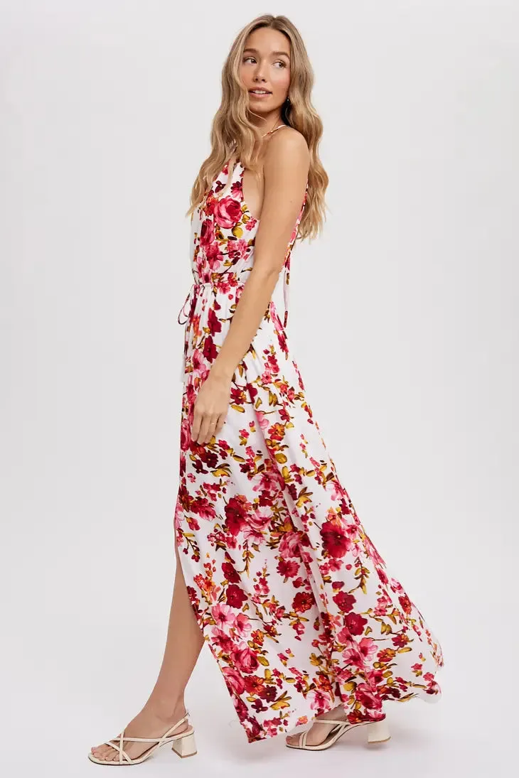 Ivory Floral Print Halter Neck Maxi Dress