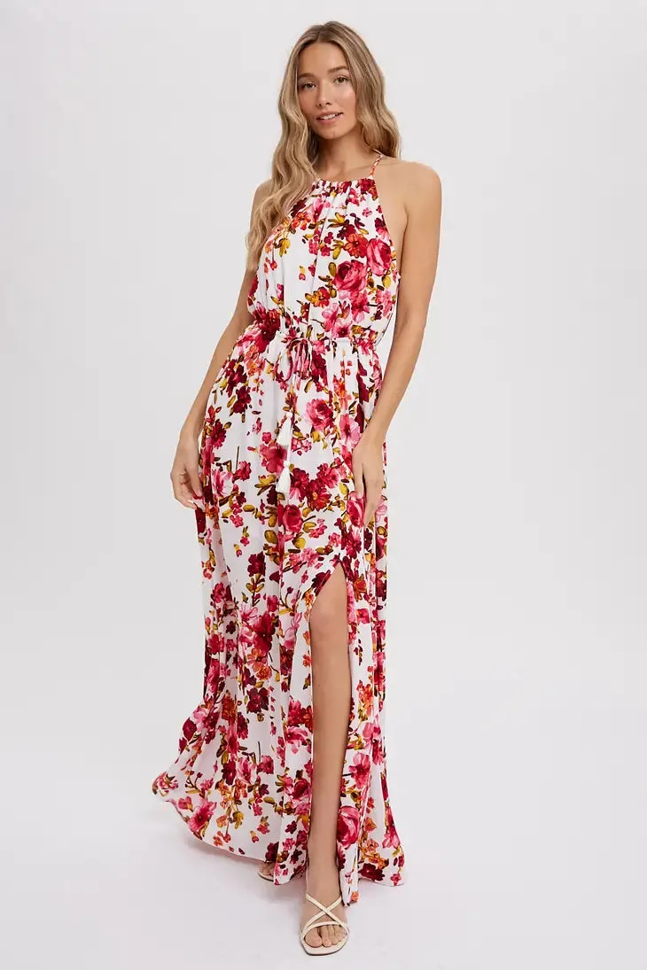 Ivory Floral Print Halter Neck Maxi Dress