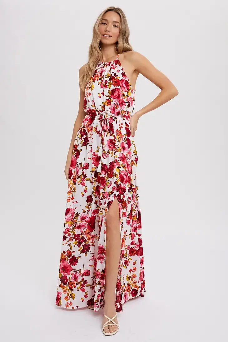 Ivory Floral Print Halter Neck Maxi Dress