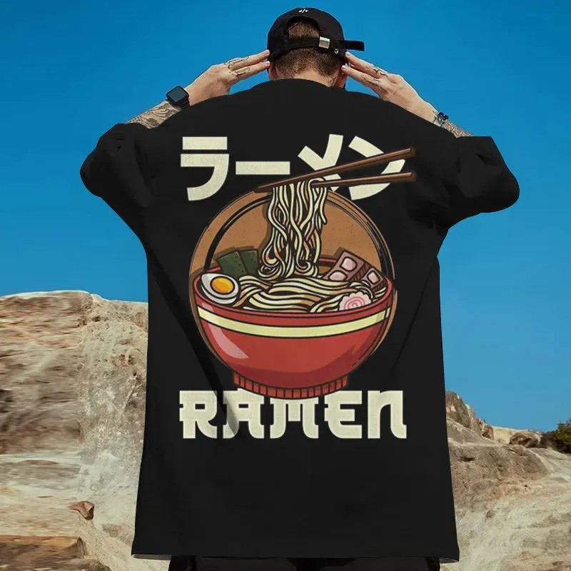 Japanese Lamian Noodles Print Male  Street Harajuku Short Sleeve Oversize  Casual O-Neck T.