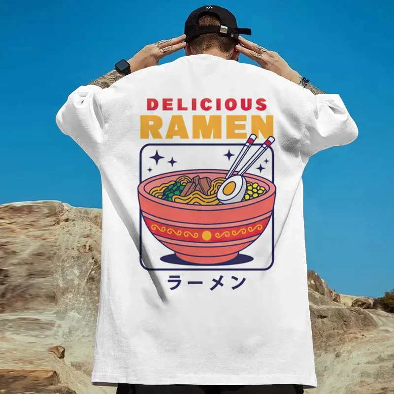 Japanese Lamian Noodles Print Male  Street Harajuku Short Sleeve Oversize  Casual O-Neck T.