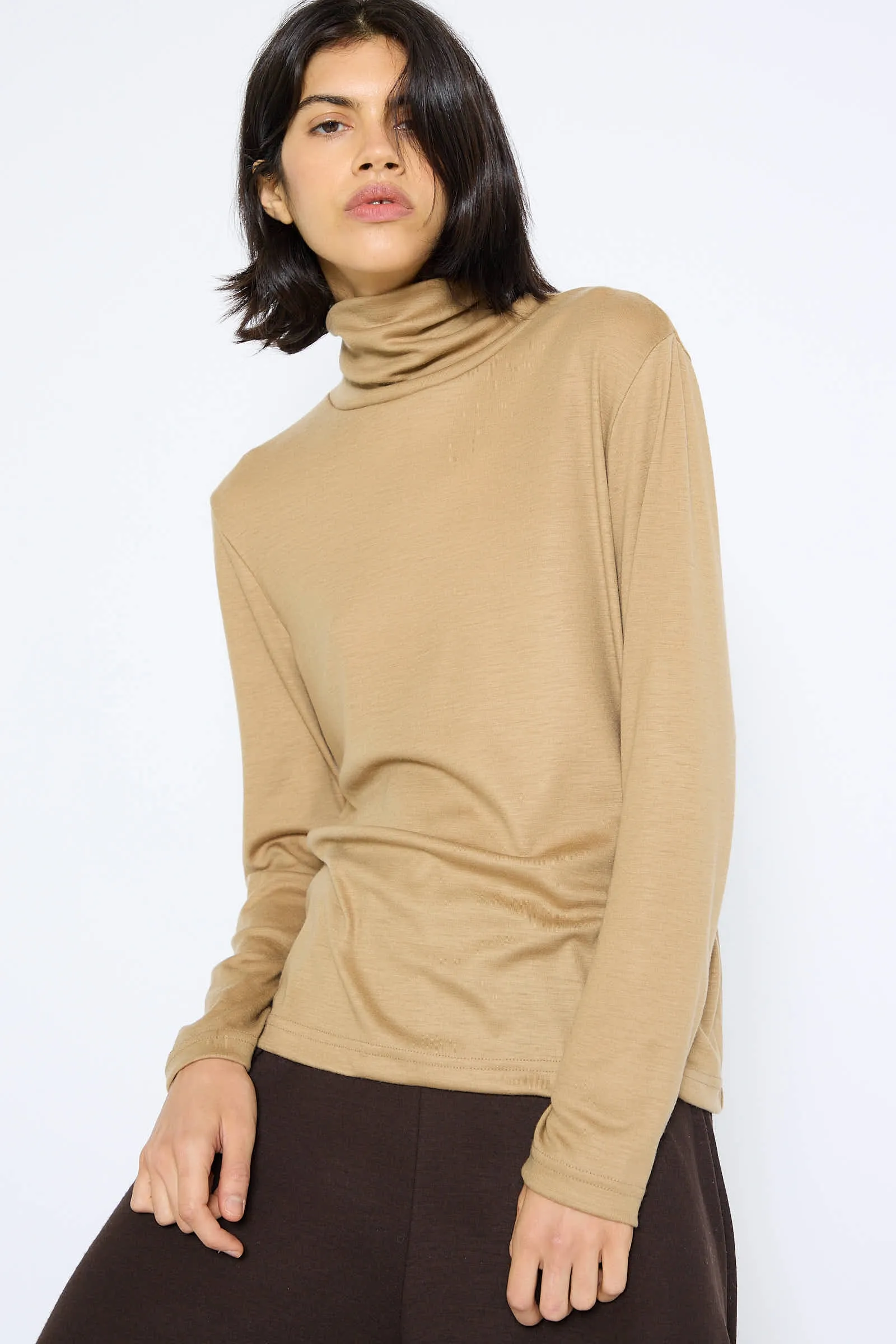 Japanese Wool Jersey Turtleneck in Camel