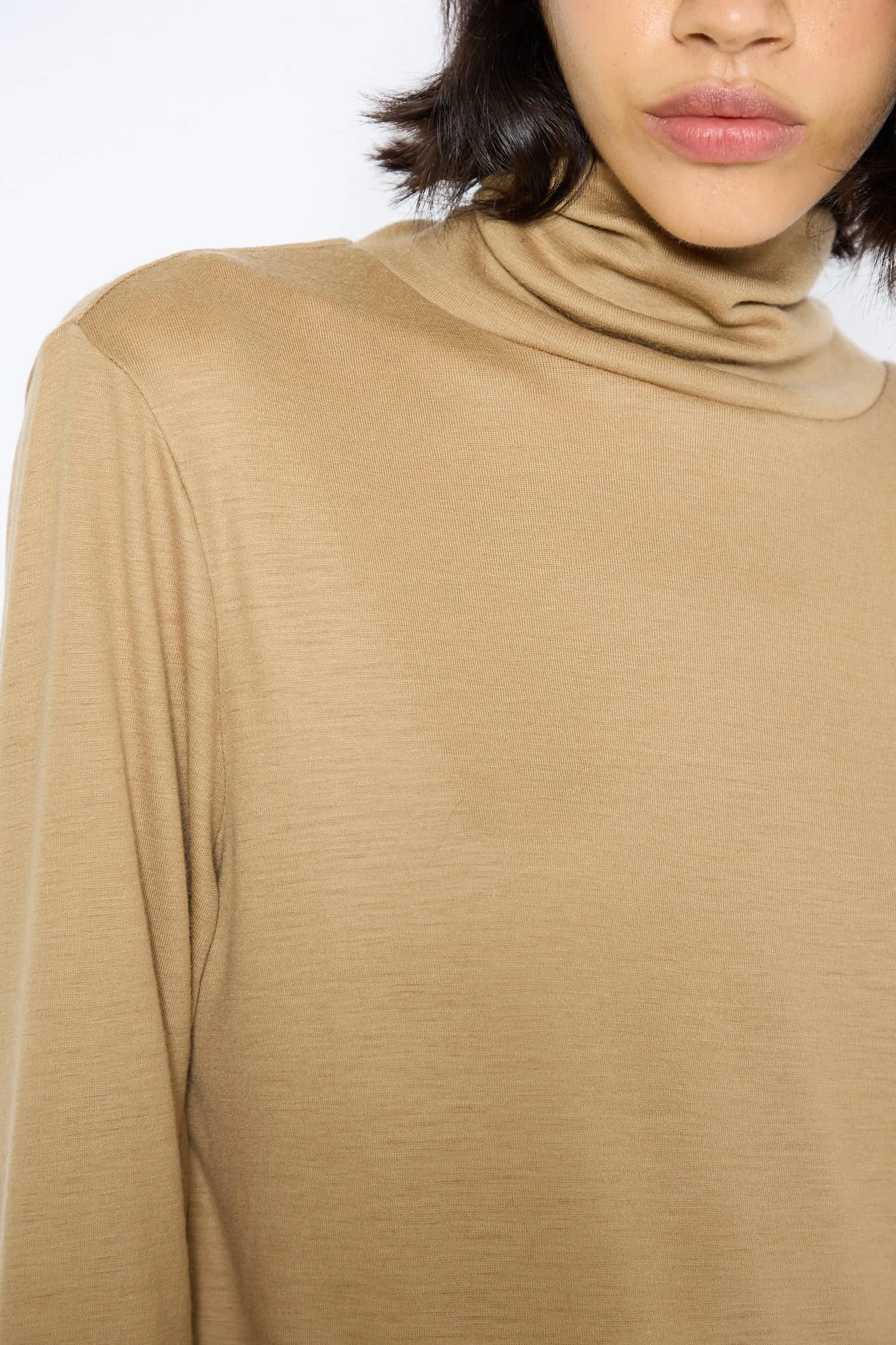 Japanese Wool Jersey Turtleneck in Camel