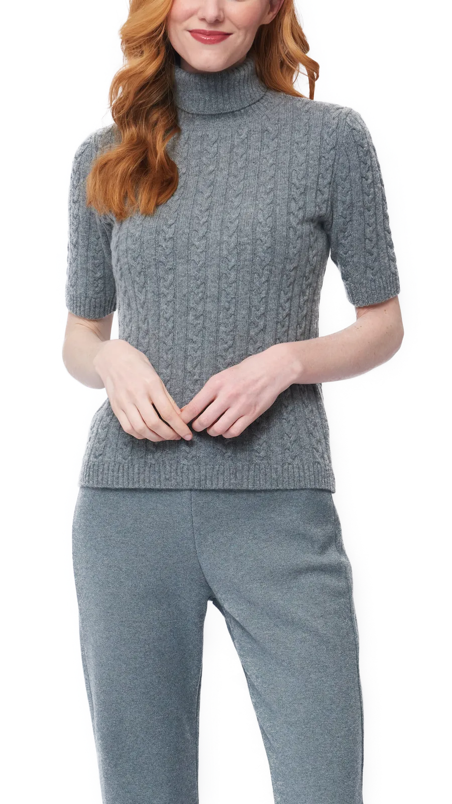 Lea Short Sleeved Cable-Knit Turtleneck, Gray