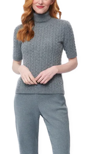 Lea Short Sleeved Cable-Knit Turtleneck, Gray