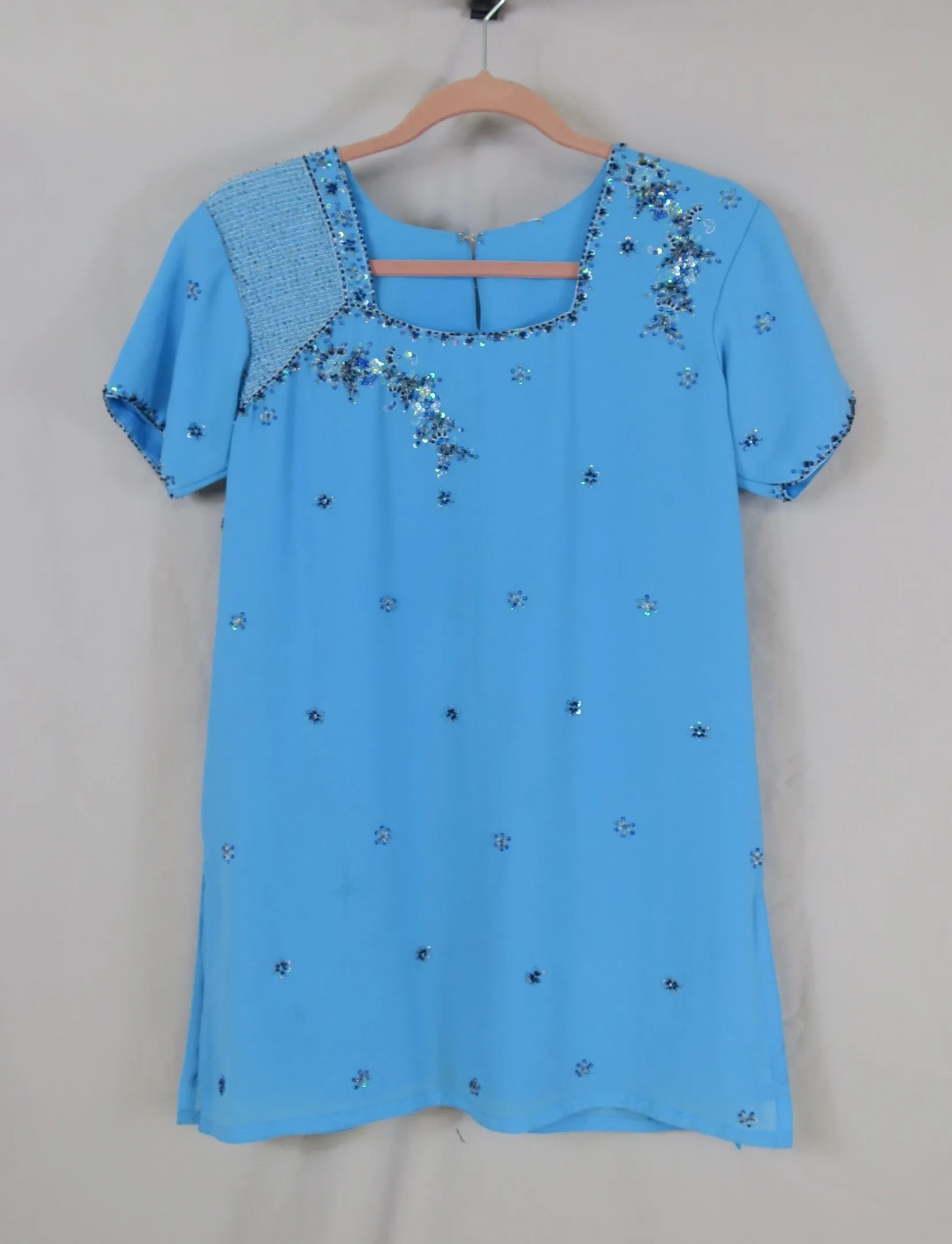 Light Blue Periwinkle Sequin Short Sleeve India Pants Tunic 2 Piece Set