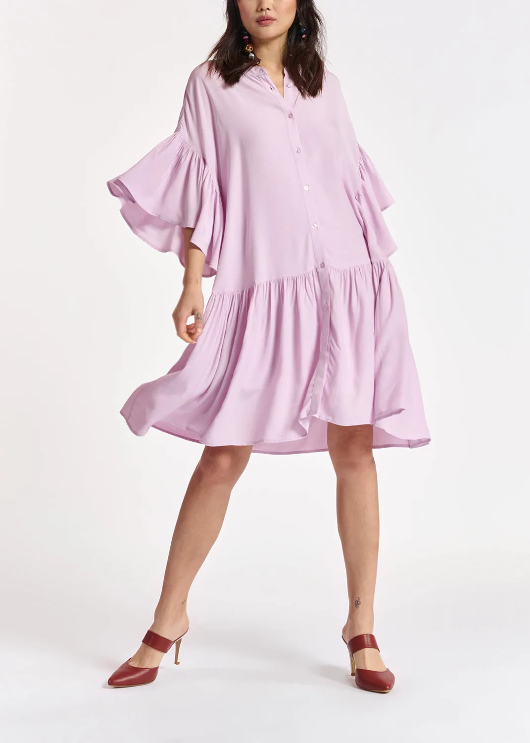 Lilac mini dress with ruffled sleeves