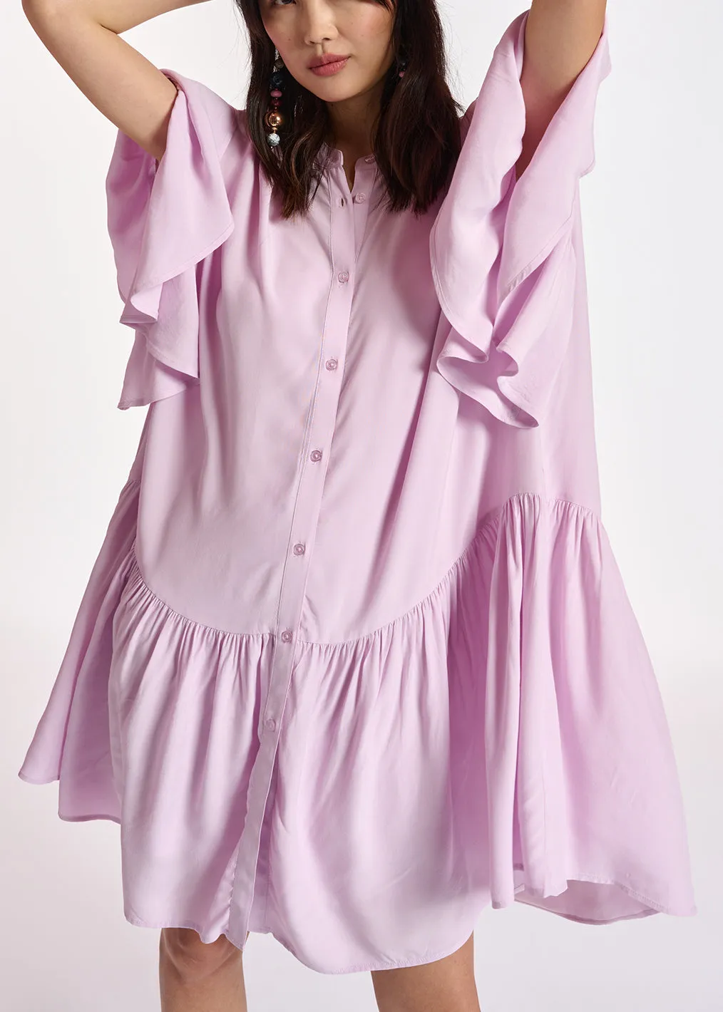 Lilac mini dress with ruffled sleeves