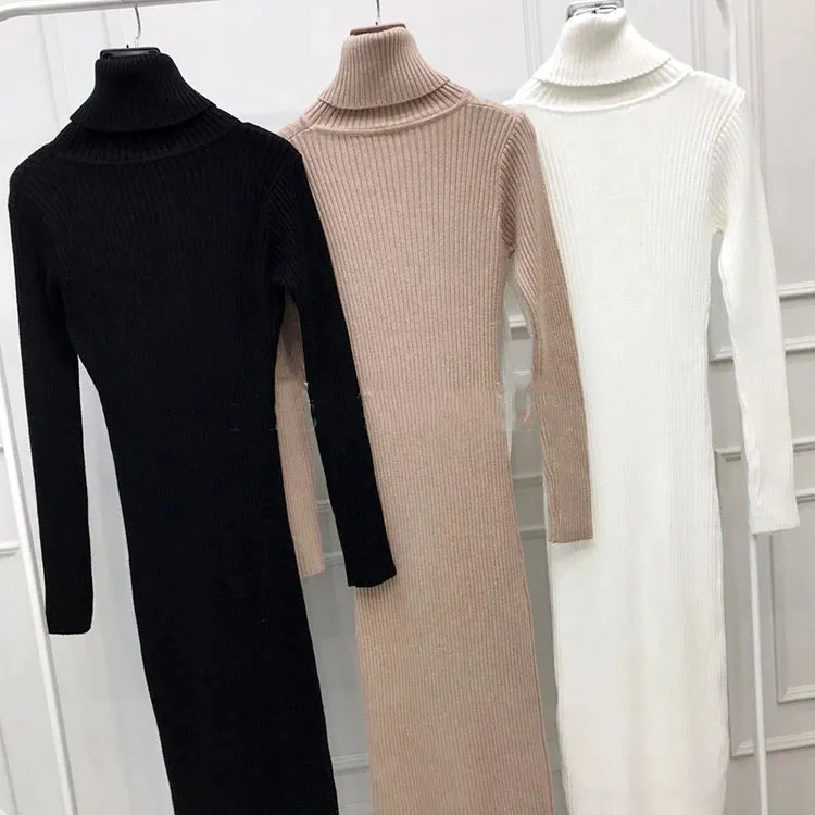 Long Sleeve Turtleneck Ribbed Knit Bodycon Midi Dress   Belt