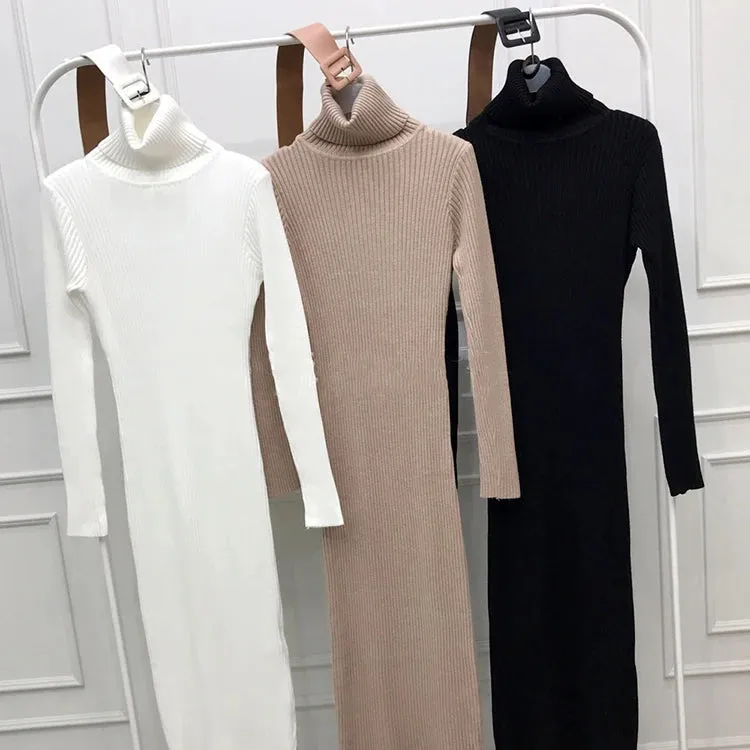 Long Sleeve Turtleneck Ribbed Knit Bodycon Midi Dress   Belt