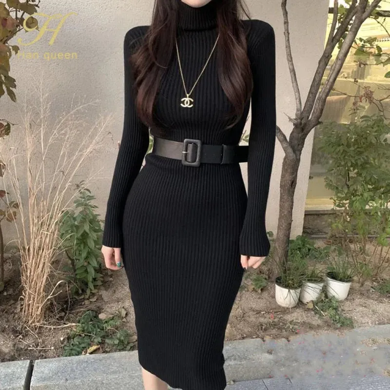 Long Sleeve Turtleneck Ribbed Knit Bodycon Midi Dress   Belt