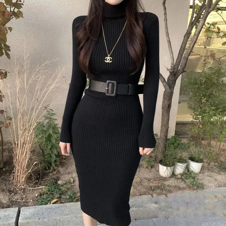 Long Sleeve Turtleneck Ribbed Knit Bodycon Midi Dress   Belt