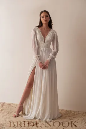 Long Sleeves Lace Wedding Dress With Open Slit Chiffon Skirt